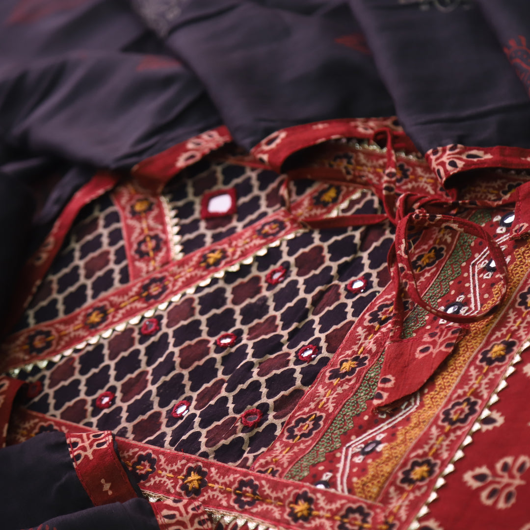 Khairiyat Brick Red Kutch Work Angrakha Style Cotton Suit Set