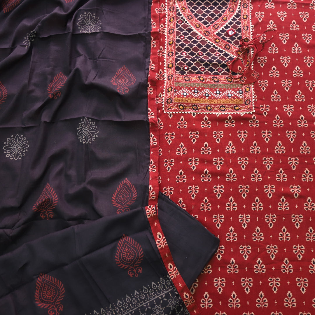 Khairiyat Brick Red Kutch Work Angrakha Style Cotton Suit Set