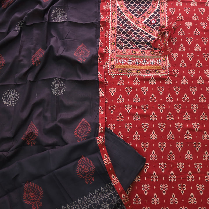 Khairiyat Brick Red Kutch Work Angrakha Style Cotton Suit Set
