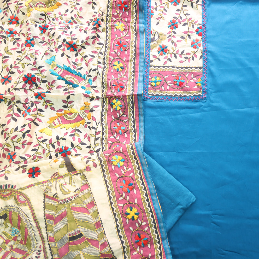 Farishta Dodger Blue Kantha Phulkari Fusion Work Glazed Cotton Suit Set D2
