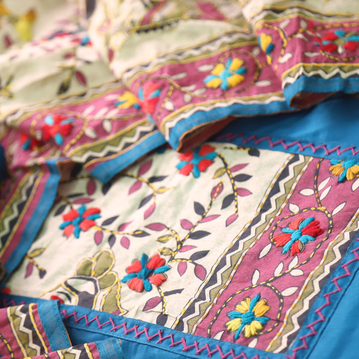 Farishta Dodger Blue Kantha Phulkari Fusion Work Glazed Cotton Suit Set D2