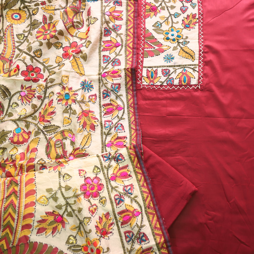 Farishta Berry Red Kantha Phulkari Fusion Work Glazed Cotton Suit Set