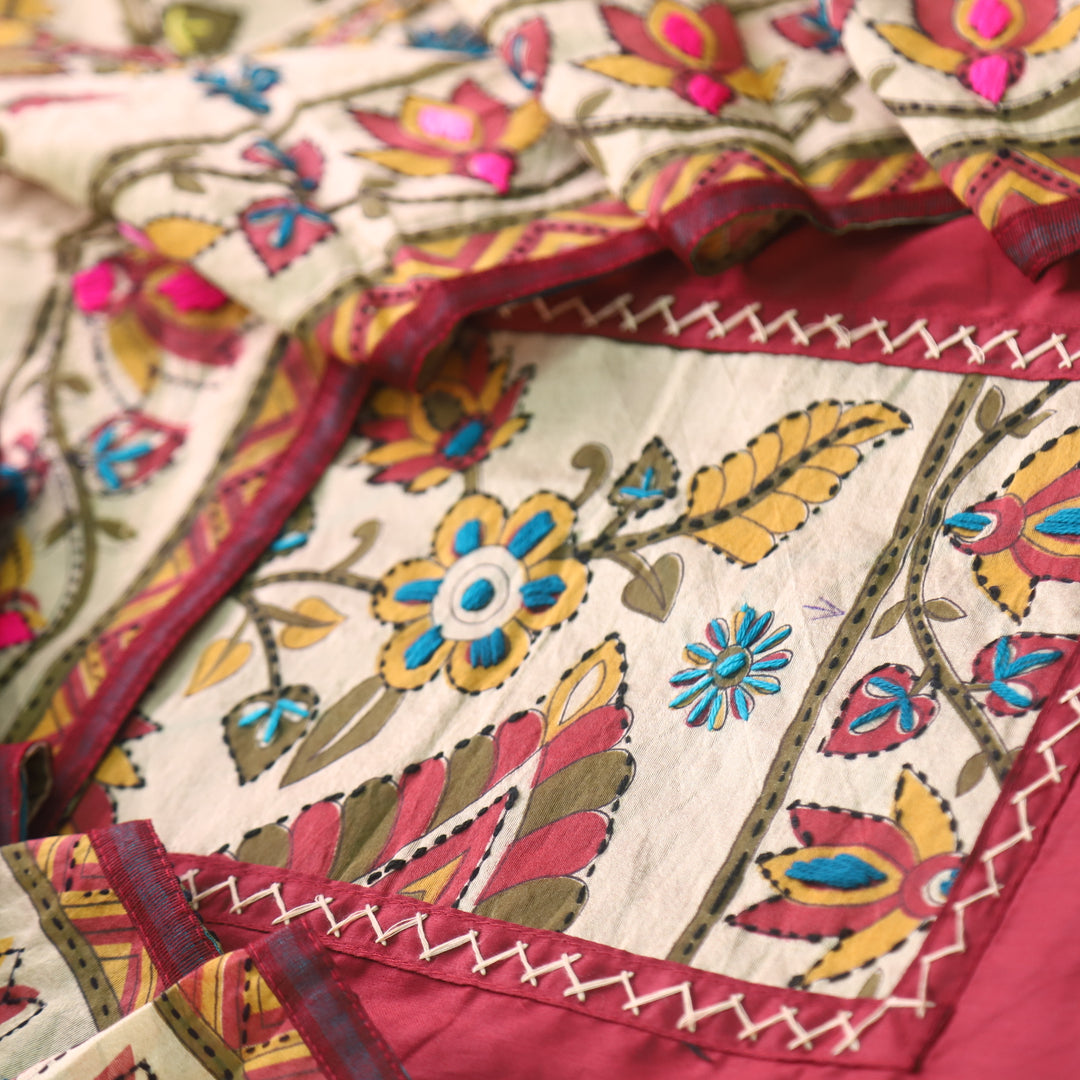Farishta Berry Red Kantha Phulkari Fusion Work Glazed Cotton Suit Set