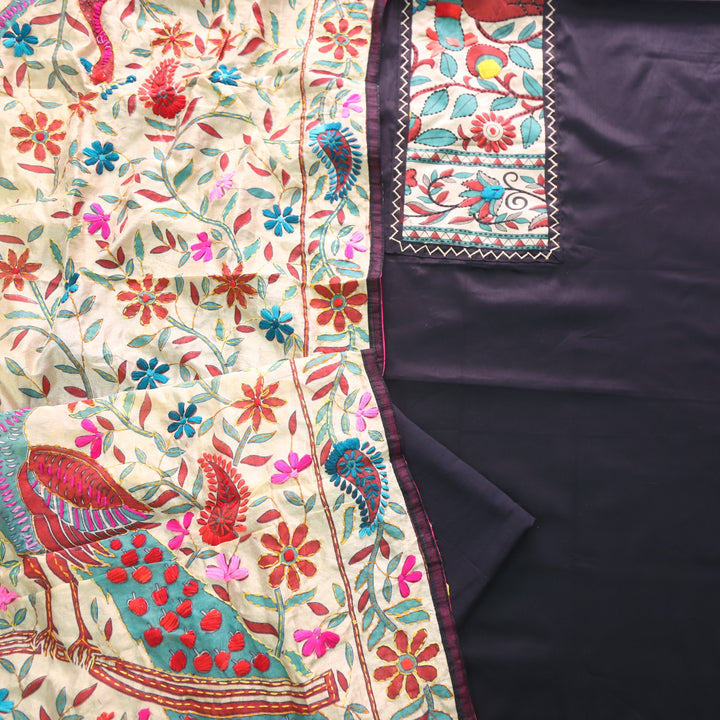 Farishta Charcoal Black Phulkari Work Glazed Cotton Top With Art Silk Dupatta