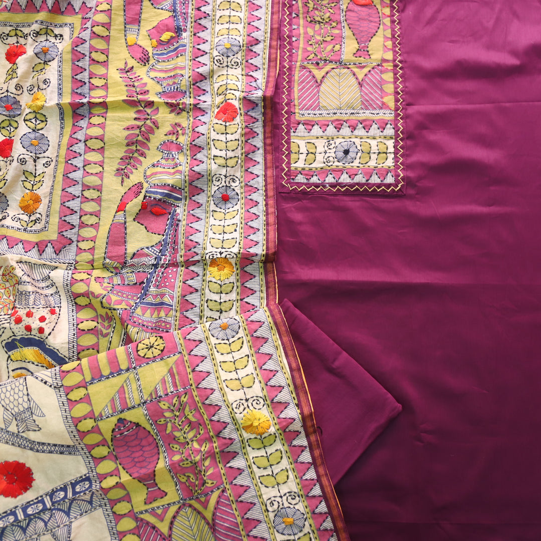 Farishta Eggplant Purple Phulkari Work Glazed Cotton Top With Art Silk Dupatta