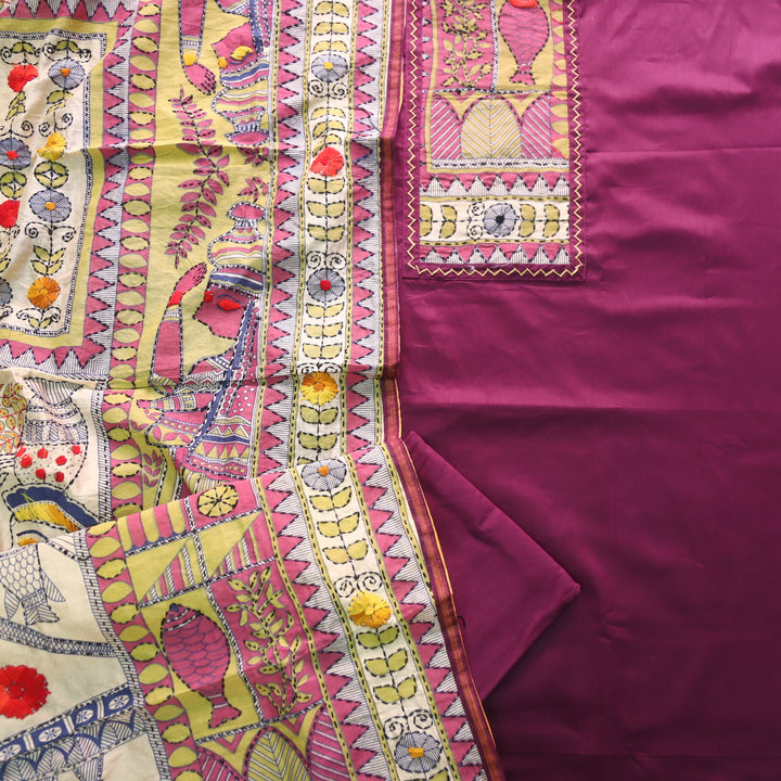 Farishta Eggplant Purple Phulkari Work Glazed Cotton Top With Art Silk Dupatta