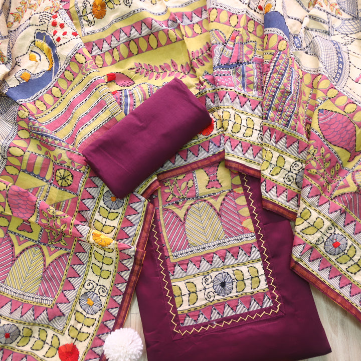 Farishta Eggplant Purple Phulkari Work Glazed Cotton Top With Art Silk Dupatta
