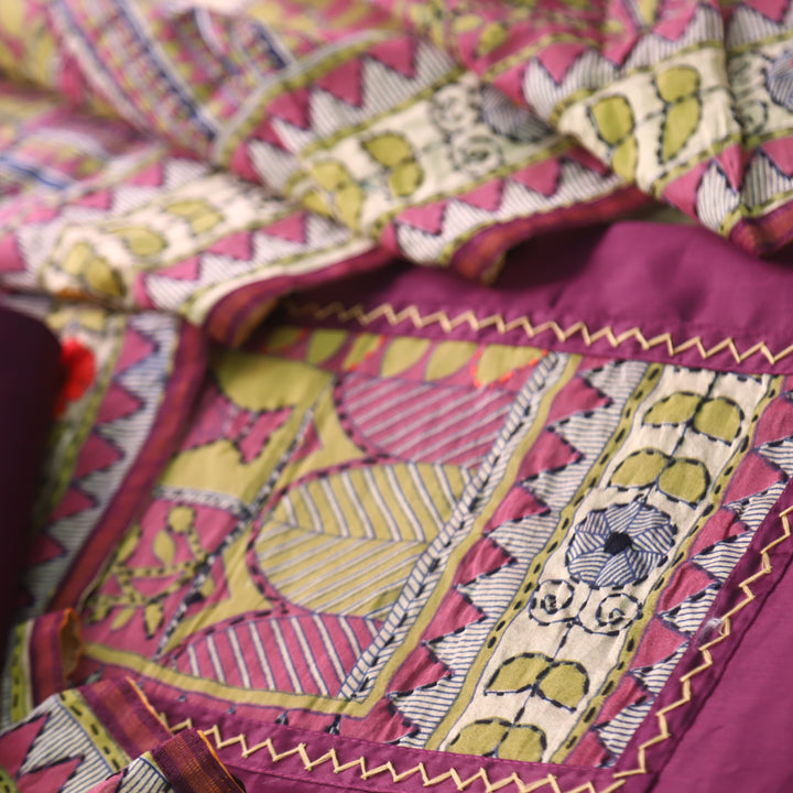 Farishta Eggplant Purple Phulkari Work Glazed Cotton Top With Art Silk Dupatta