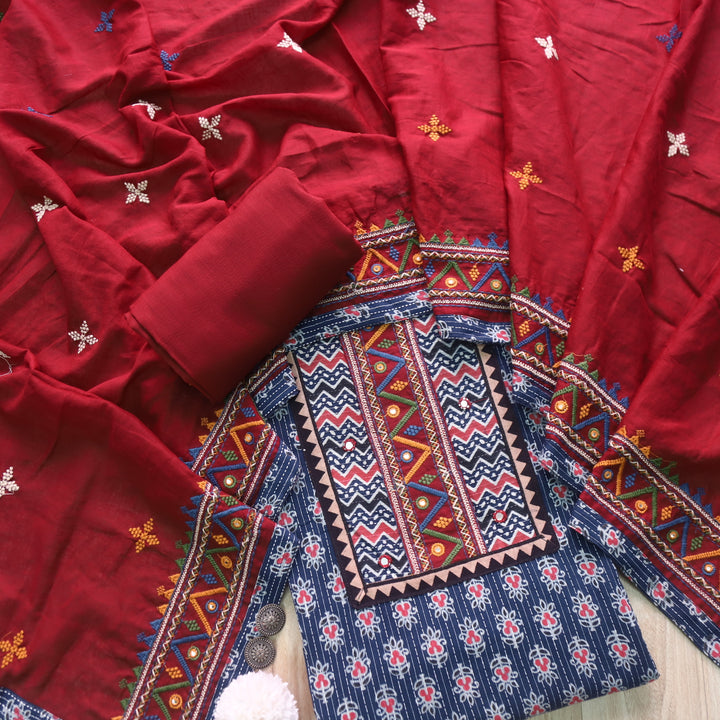 Ruhani Berry Blue Ajrak Print Cotton Top With Printed Dupatta
