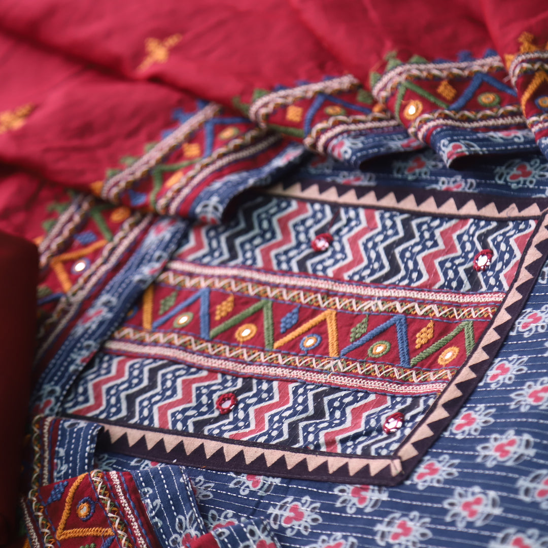 Ruhani Berry Blue Ajrak Print Cotton Top With Printed Dupatta