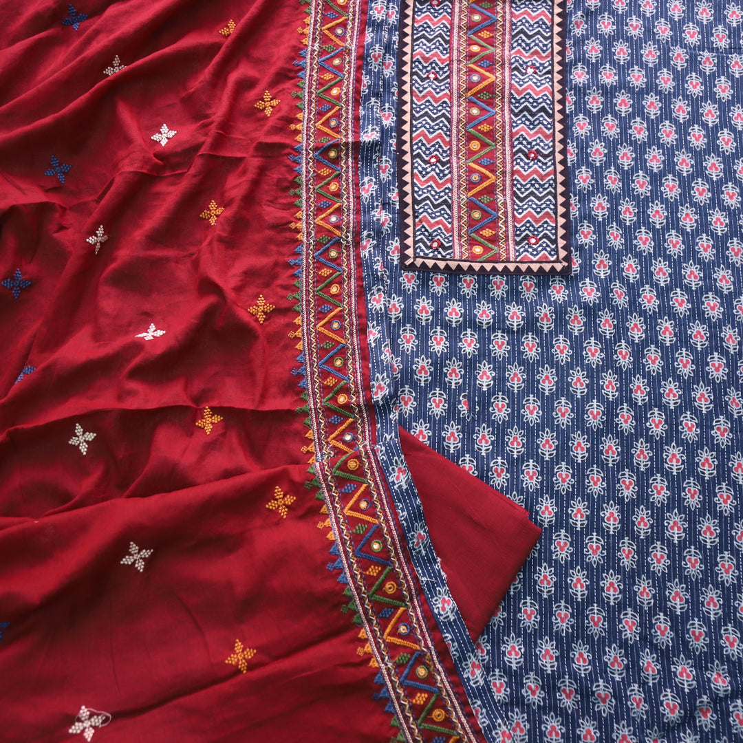 Ruhani Berry Blue Ajrak Print Cotton Top With Printed Dupatta