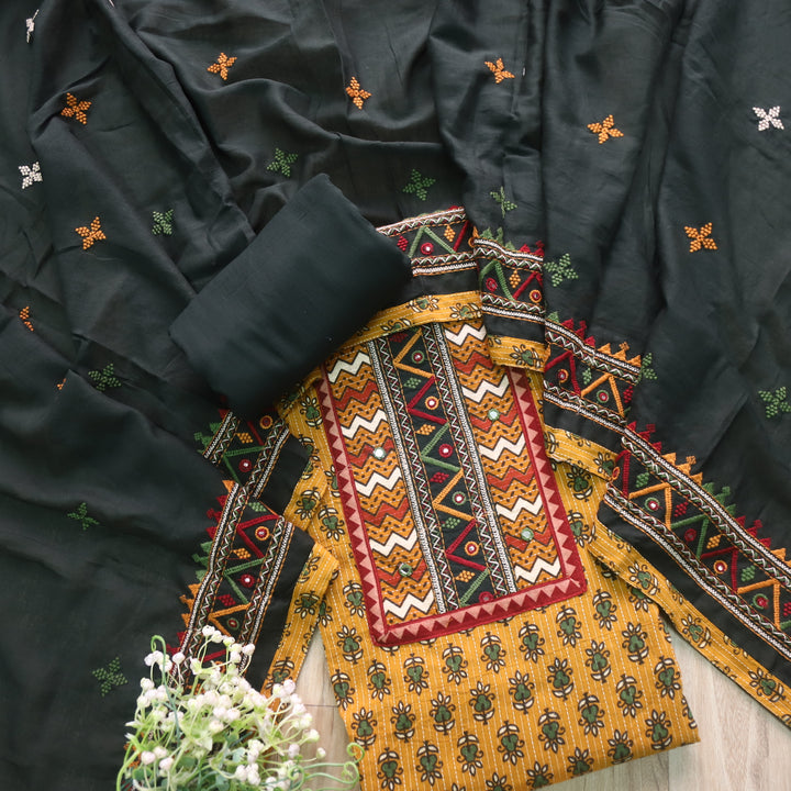 Ruhani Corn Yellow Ajrak Print Cotton Top With Printed Dupatta