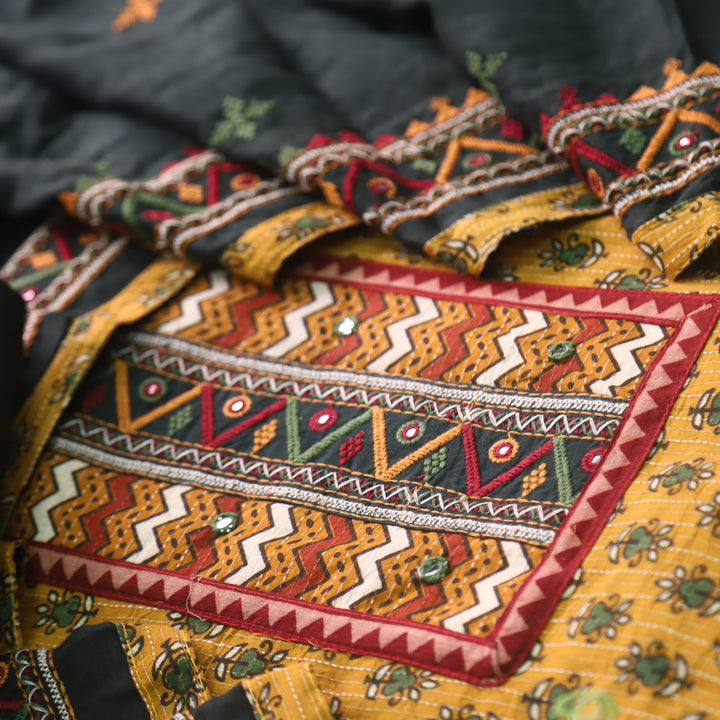 Ruhani Corn Yellow Ajrak Print Cotton Top With Printed Dupatta