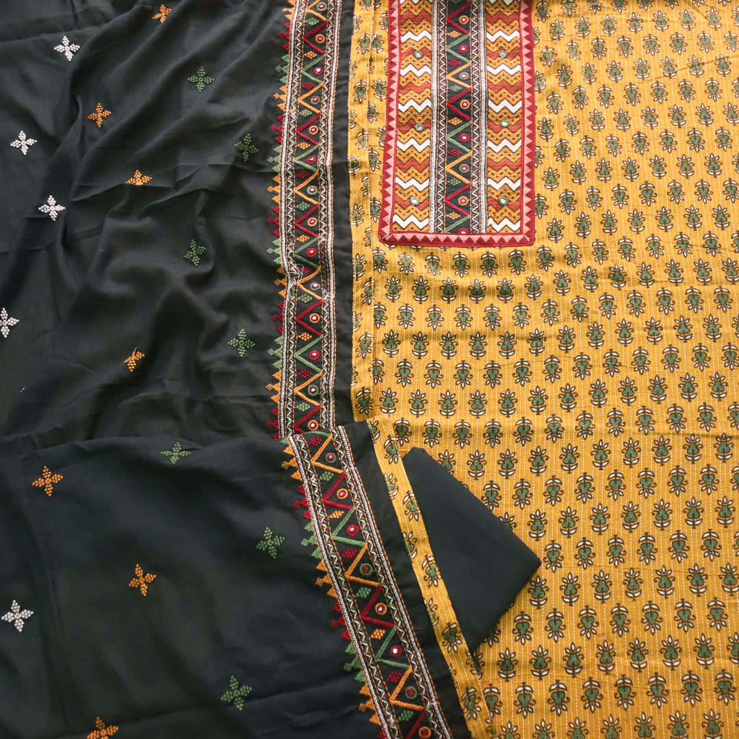 Ruhani Corn Yellow Ajrak Print Cotton Top With Printed Dupatta