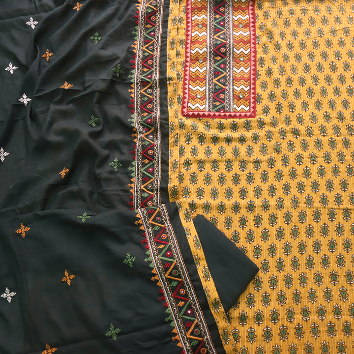 Ruhani Corn Yellow Ajrak Print Cotton Top With Printed Dupatta