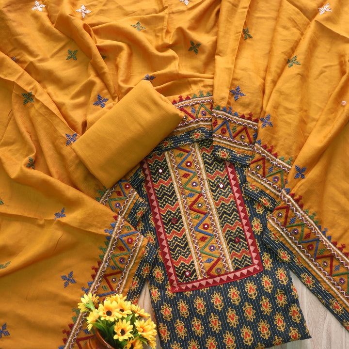 Ruhani Pine Green Ajrak Print Cotton Top With Printed Dupatta