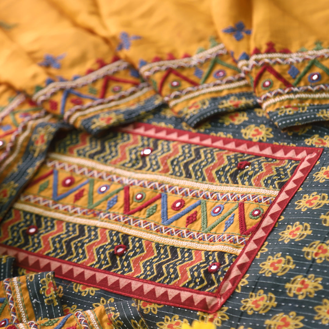 Ruhani Pine Green Ajrak Print Cotton Top With Printed Dupatta