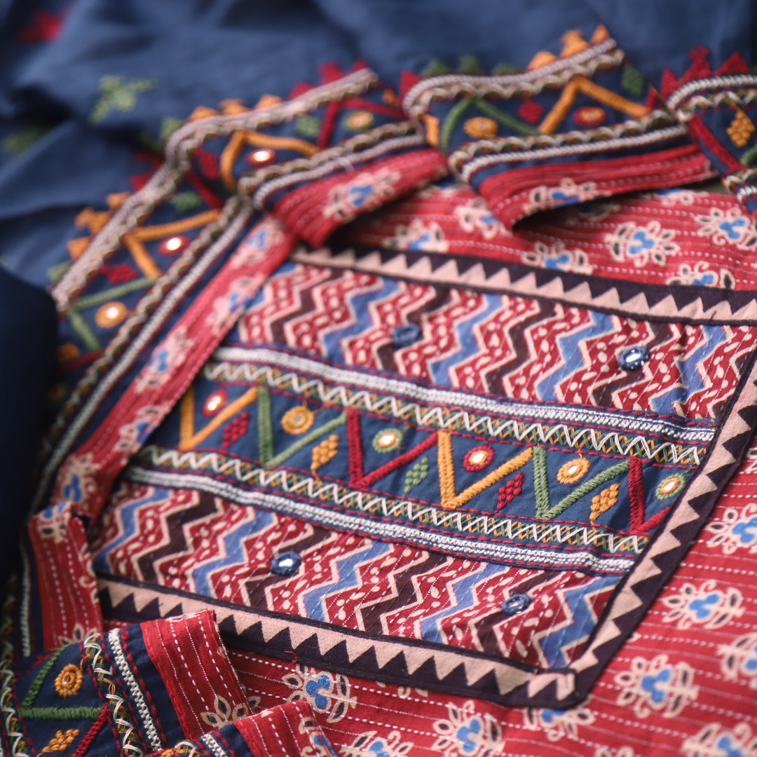 Ruhani Jam Red Ajrak Print Cotton Top With Printed Dupatta