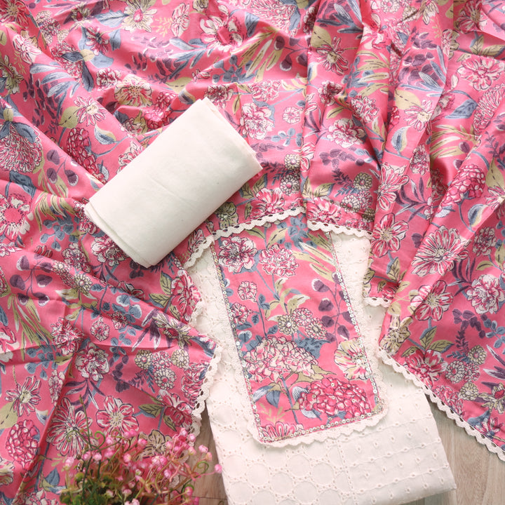 Naina Cream with Pink Floral Printed Patch work Cotton Pakistani Suit Set