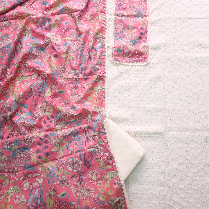 Naina Cream with Pink Floral Printed Patch work Cotton Pakistani Suit Set