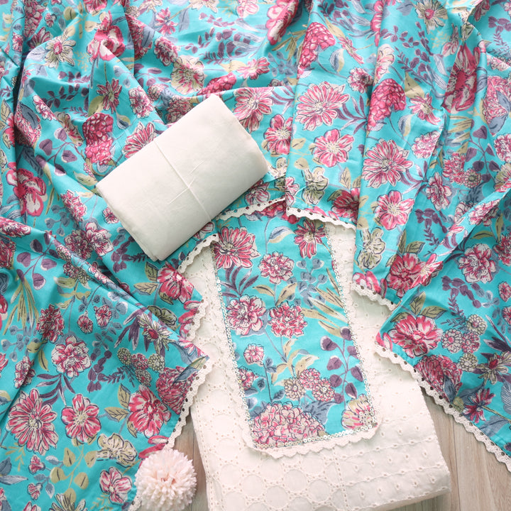 Naina Cream with Blue Floral Printed Patch work Cotton Pakistani Suit Set