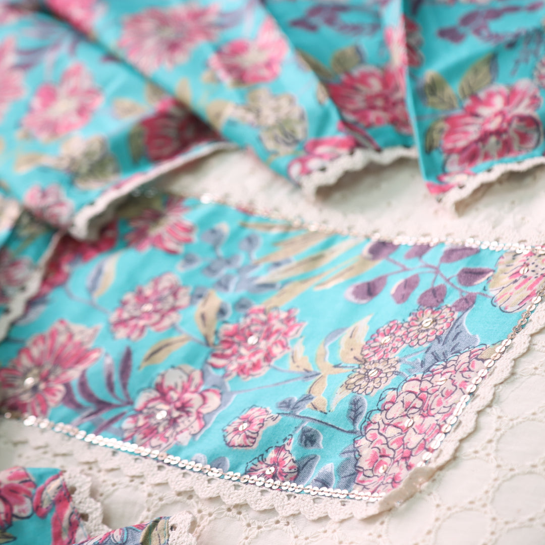 Naina Cream with Blue Floral Printed Patch work Cotton Pakistani Suit Set