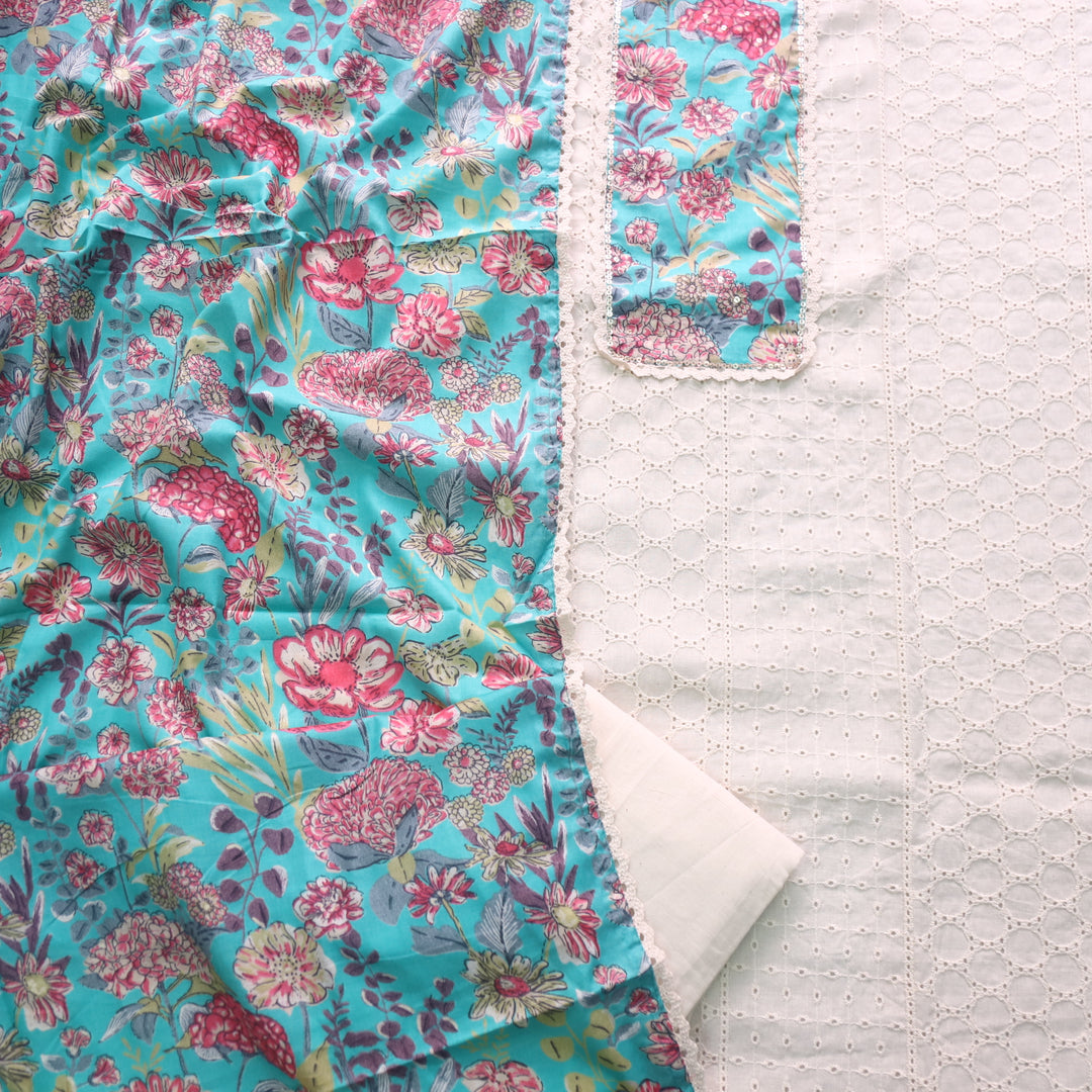 Naina Cream with Blue Floral Printed Patch work Cotton Pakistani Suit Set