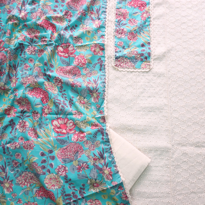 Naina Cream with Blue Floral Printed Patch work Cotton Pakistani Suit Set