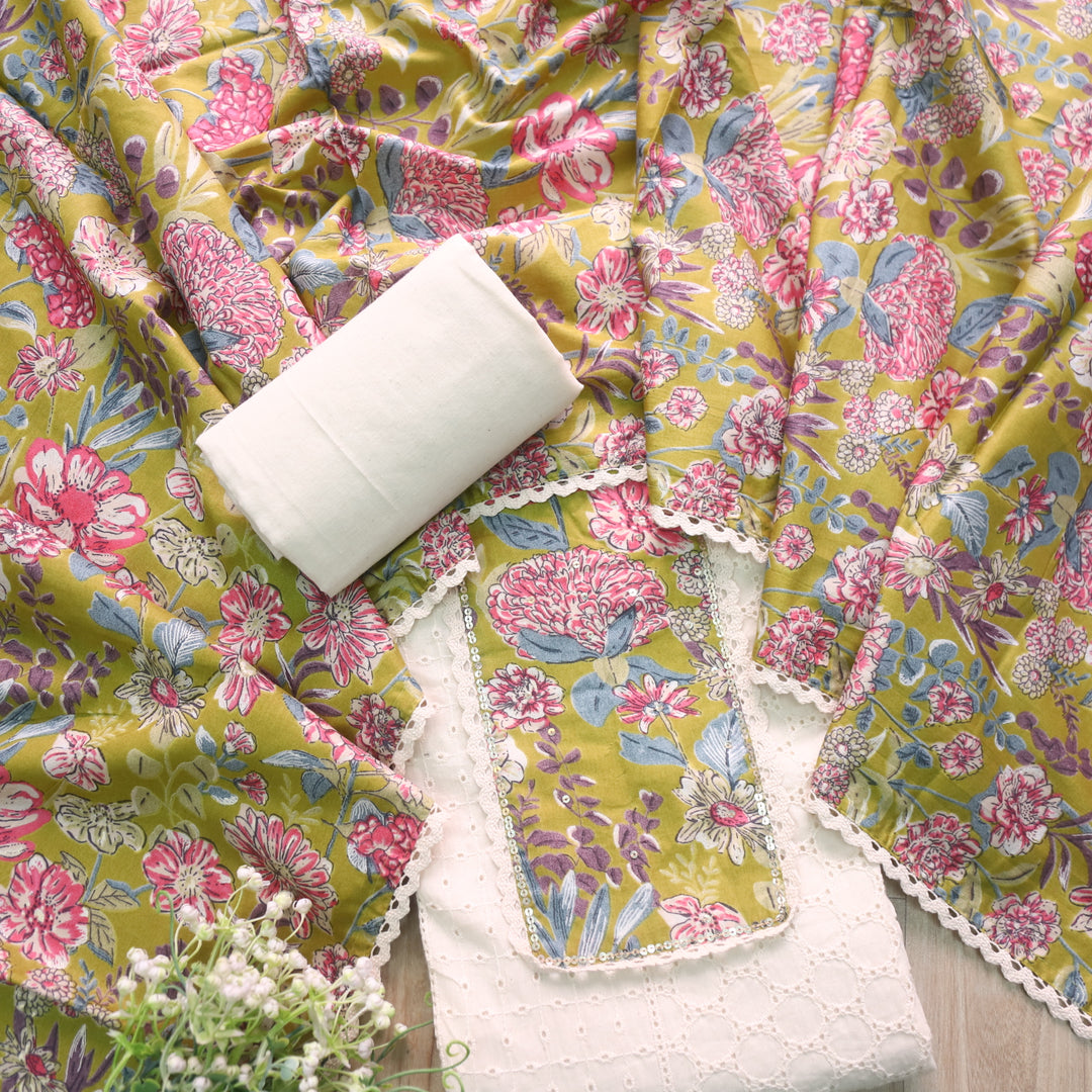 Naina Cream with Green Floral Printed Patch work Cotton Pakistani Suit Set