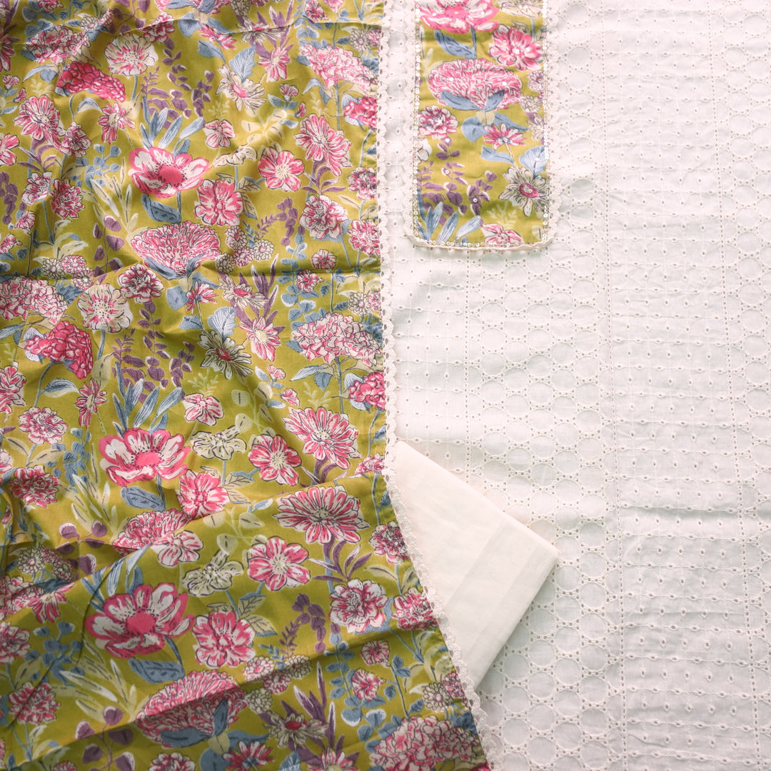 Naina Cream with Green Floral Printed Patch work Cotton Pakistani Suit Set