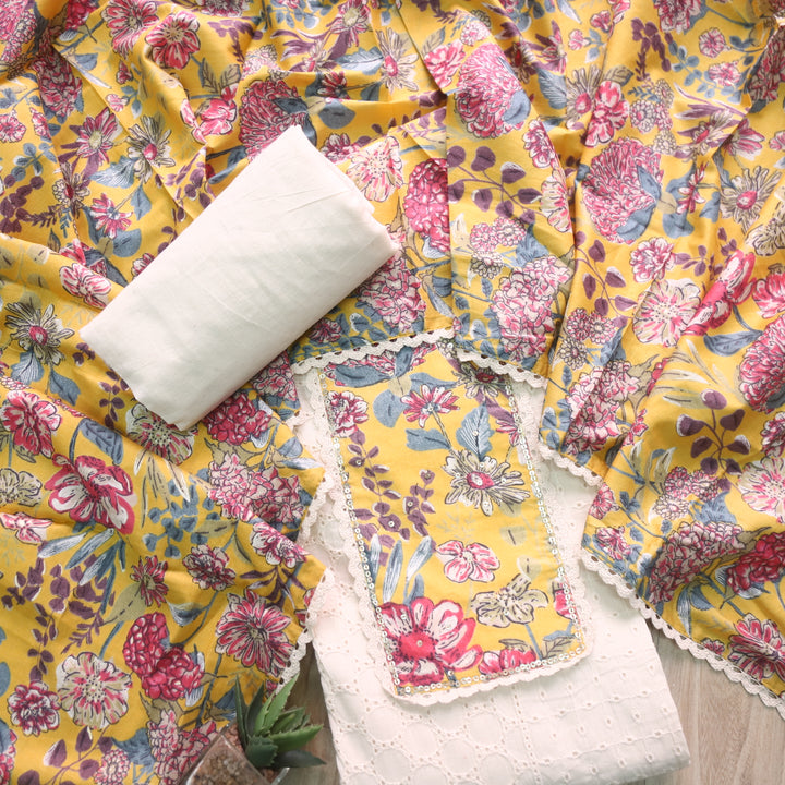 Naina Cream with Yellow Floral Printed Patch work Cotton Pakistani Suit Set
