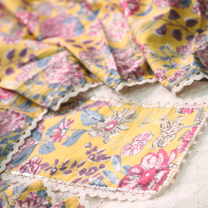 Naina Cream with Yellow Floral Printed Patch work Cotton Pakistani Suit Set