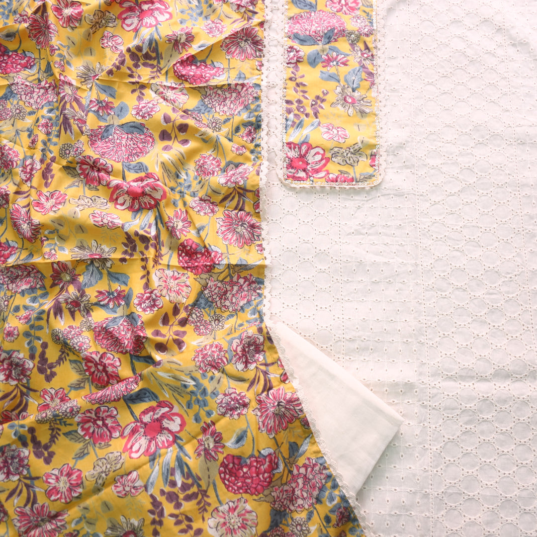 Naina Cream with Yellow Floral Printed Patch work Cotton Pakistani Suit Set