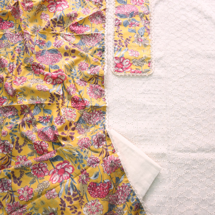 Naina Cream with Yellow Floral Printed Patch work Cotton Pakistani Suit Set