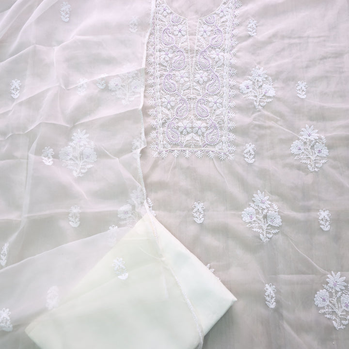 Dildara Pearl White Moti Work with Thread Embroidery Organza Suit Set