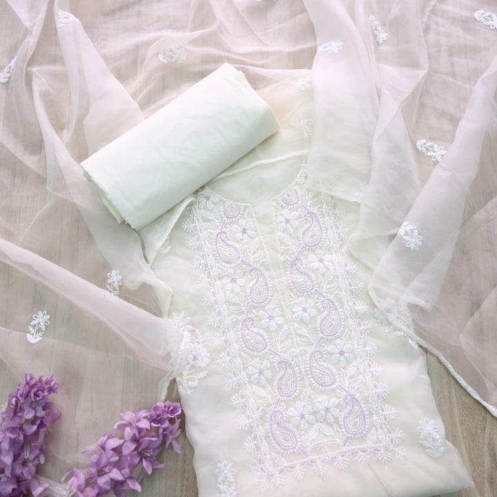 Dildara Pearl White Moti Work with Thread Embroidery Organza Suit Set