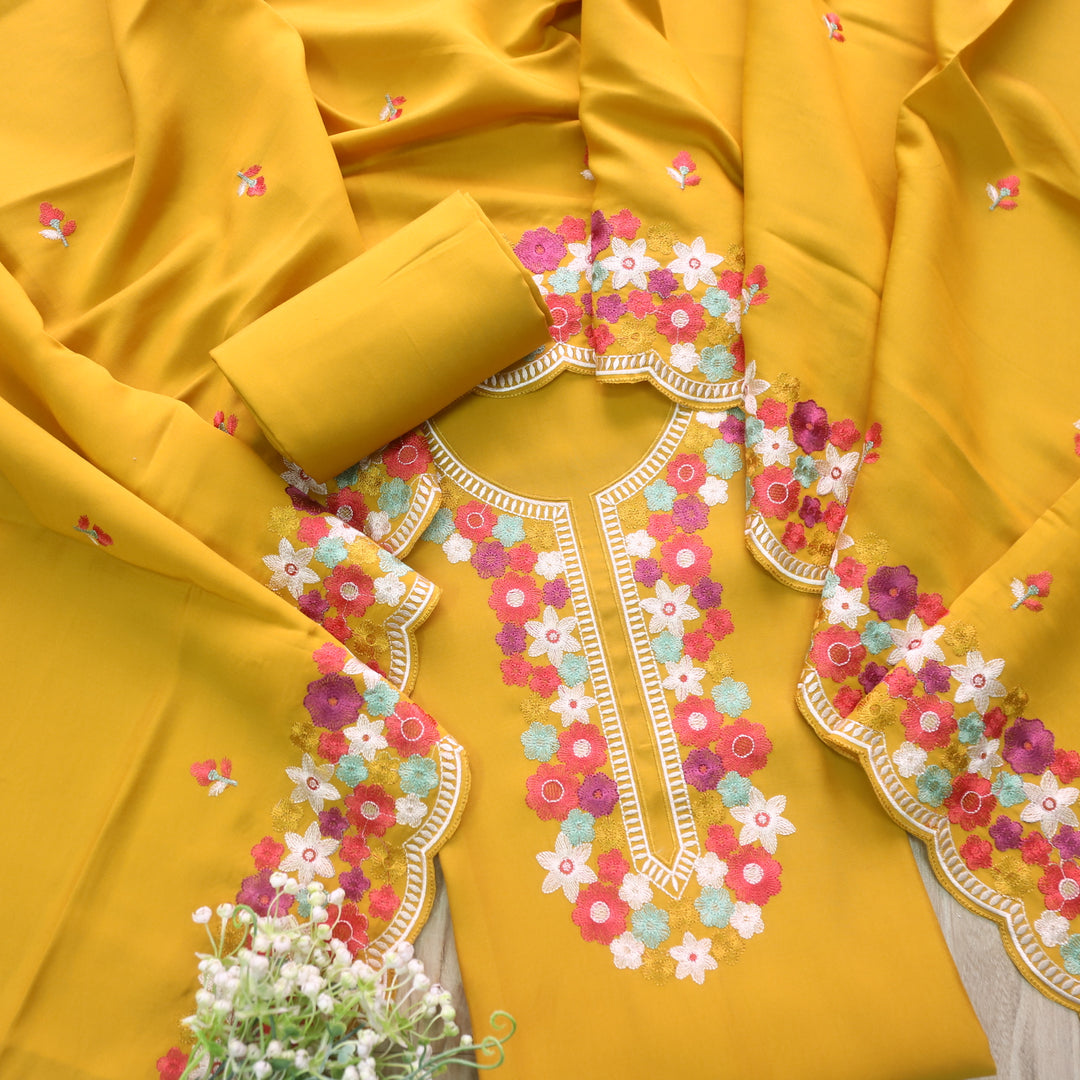 Naina Dandelion Yellow Floral Thread Embroidered Neck Modal Suit Set