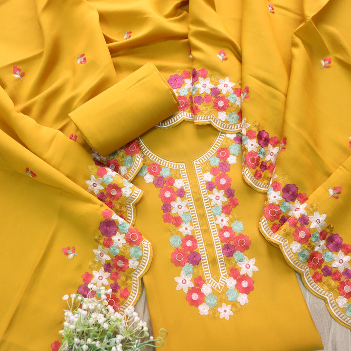 Naina Dandelion Yellow Floral Thread Embroidered Neck Modal Suit Set
