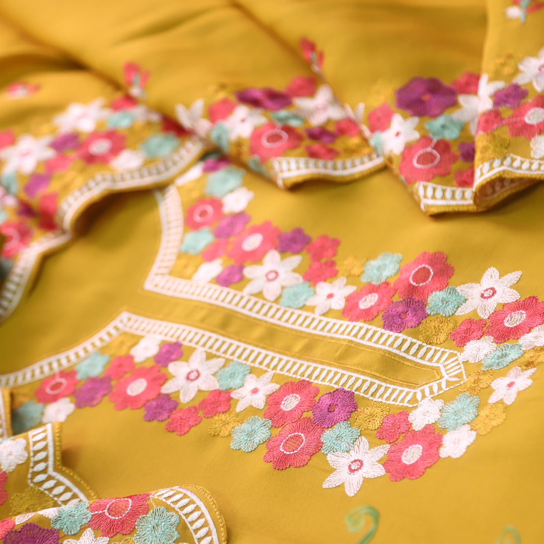 Naina Dandelion Yellow Floral Thread Embroidered Neck Modal Suit Set