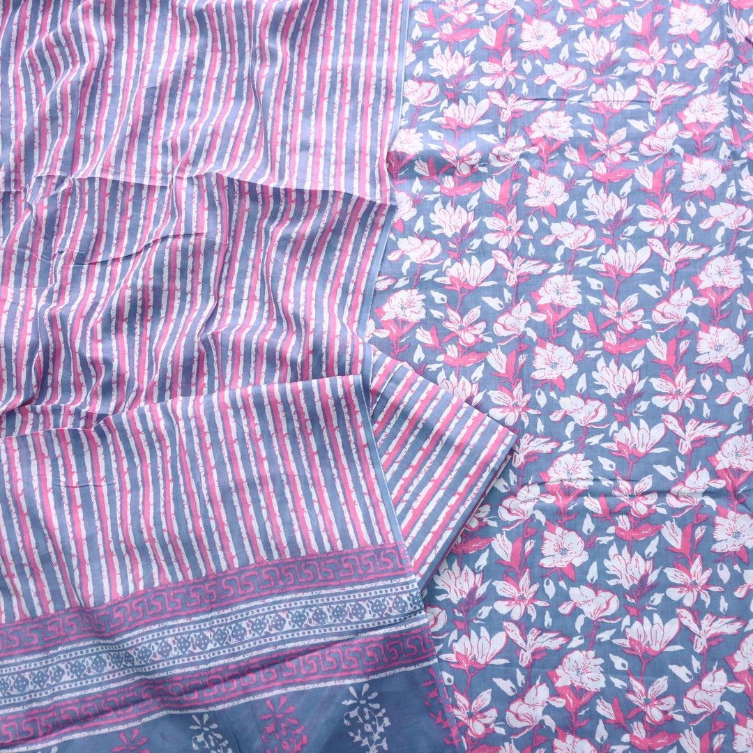 Magan Greyish Blue Floral Printed Cotton Suit Set with Printed Dupatta