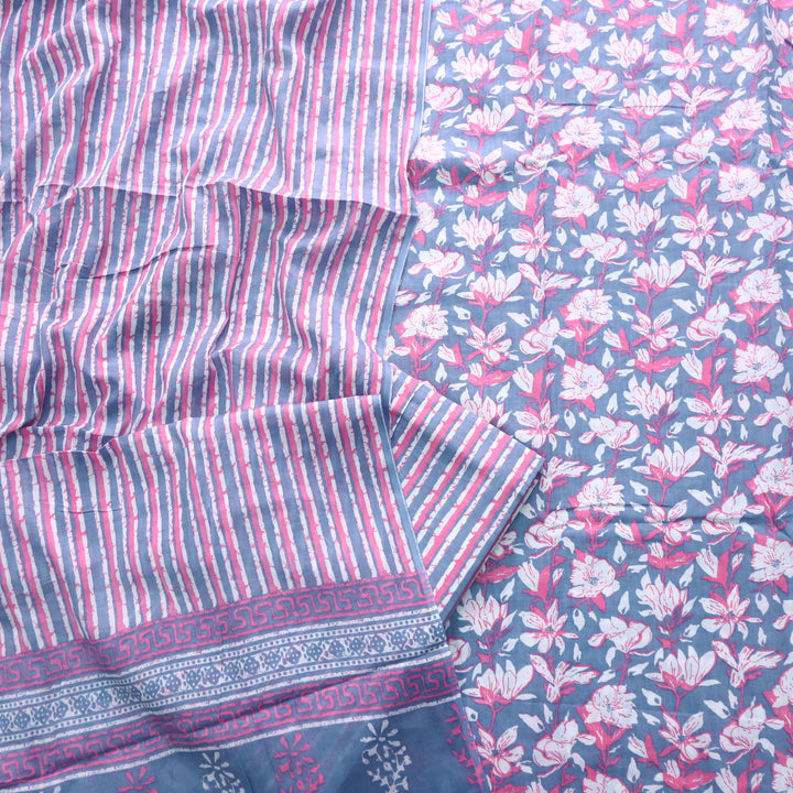 Magan Greyish Blue Floral Printed Cotton Suit Set with Printed Dupatta