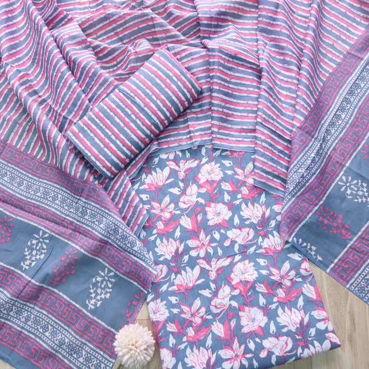 Magan Greyish Blue Floral Printed Cotton Suit Set with Printed Dupatta