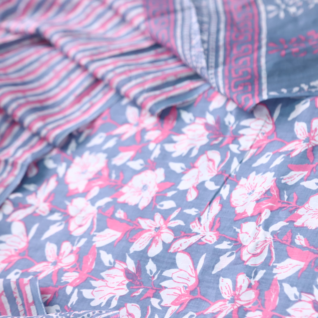 Magan Greyish Blue Floral Printed Cotton Suit Set with Printed Dupatta