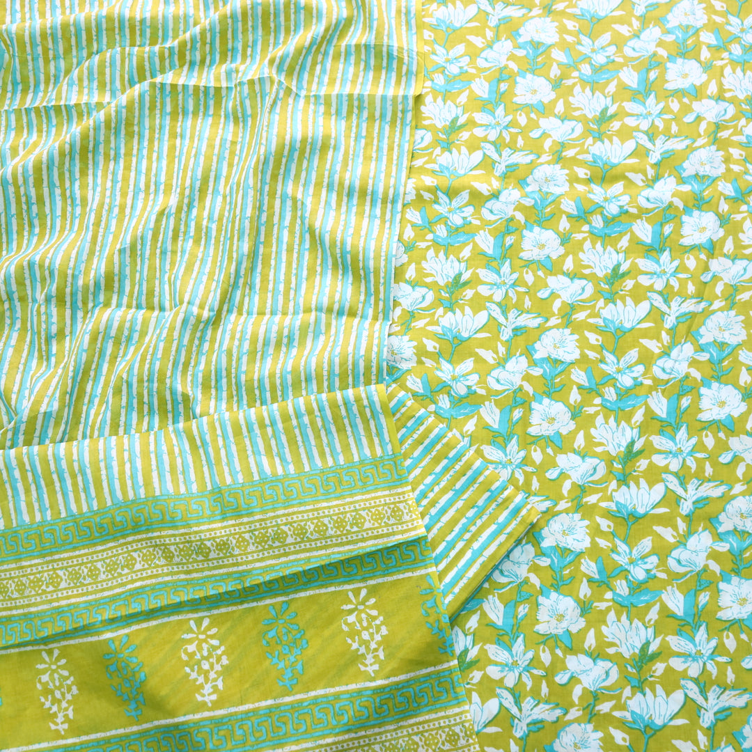 Magan Dijon Green Floral Printed Cotton Suit Set with Printed Dupatta