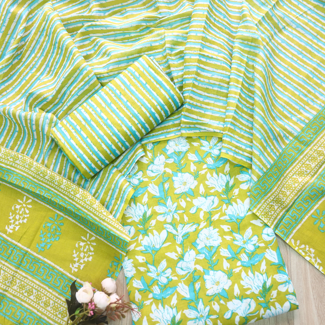 Magan Dijon Green Floral Printed Cotton Suit Set with Printed Dupatta