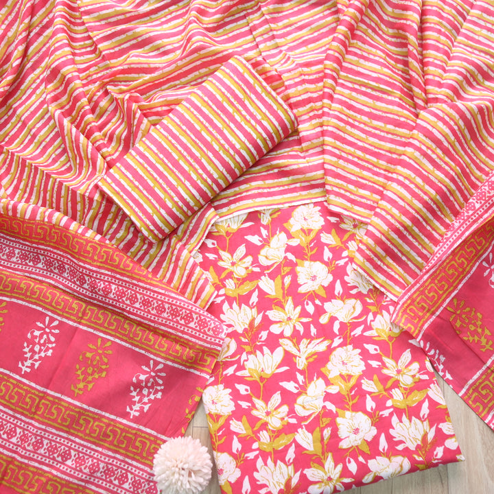 Magan Barbie Pink Floral Printed Cotton Suit Set with Printed Dupatta