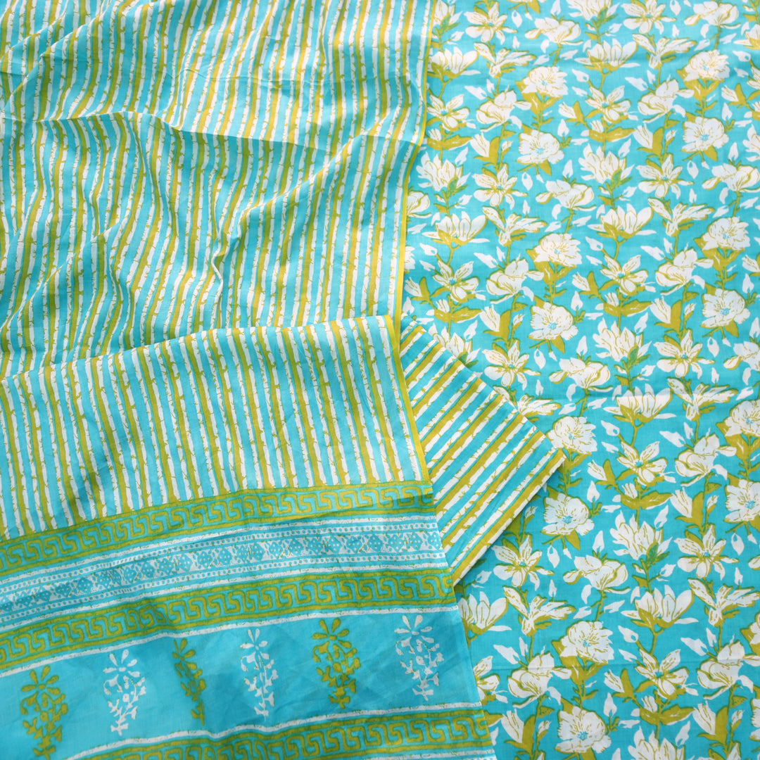 Magan Sky Blue Floral Printed Cotton Suit Set with Printed Dupatta