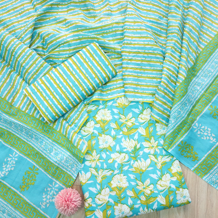 Magan Sky Blue Floral Printed Cotton Suit Set with Printed Dupatta