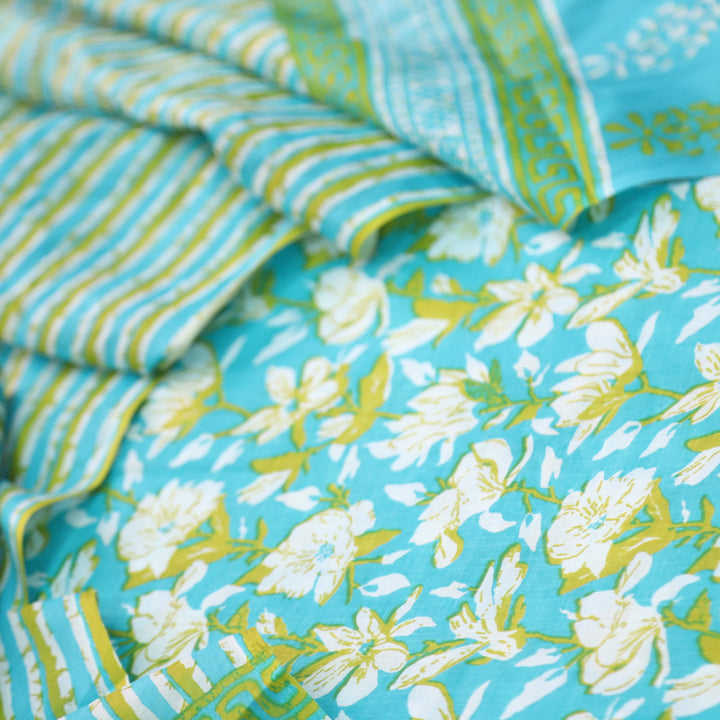 Magan Sky Blue Floral Printed Cotton Suit Set with Printed Dupatta