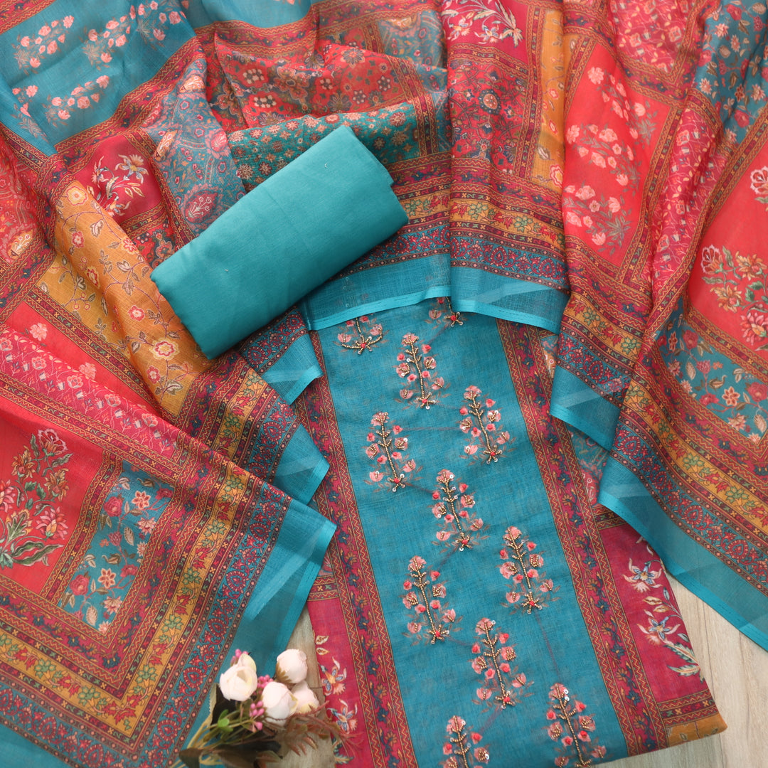 Riwayaat Colorful Moti Work Neck with Printed Cotton Linen Suit Set